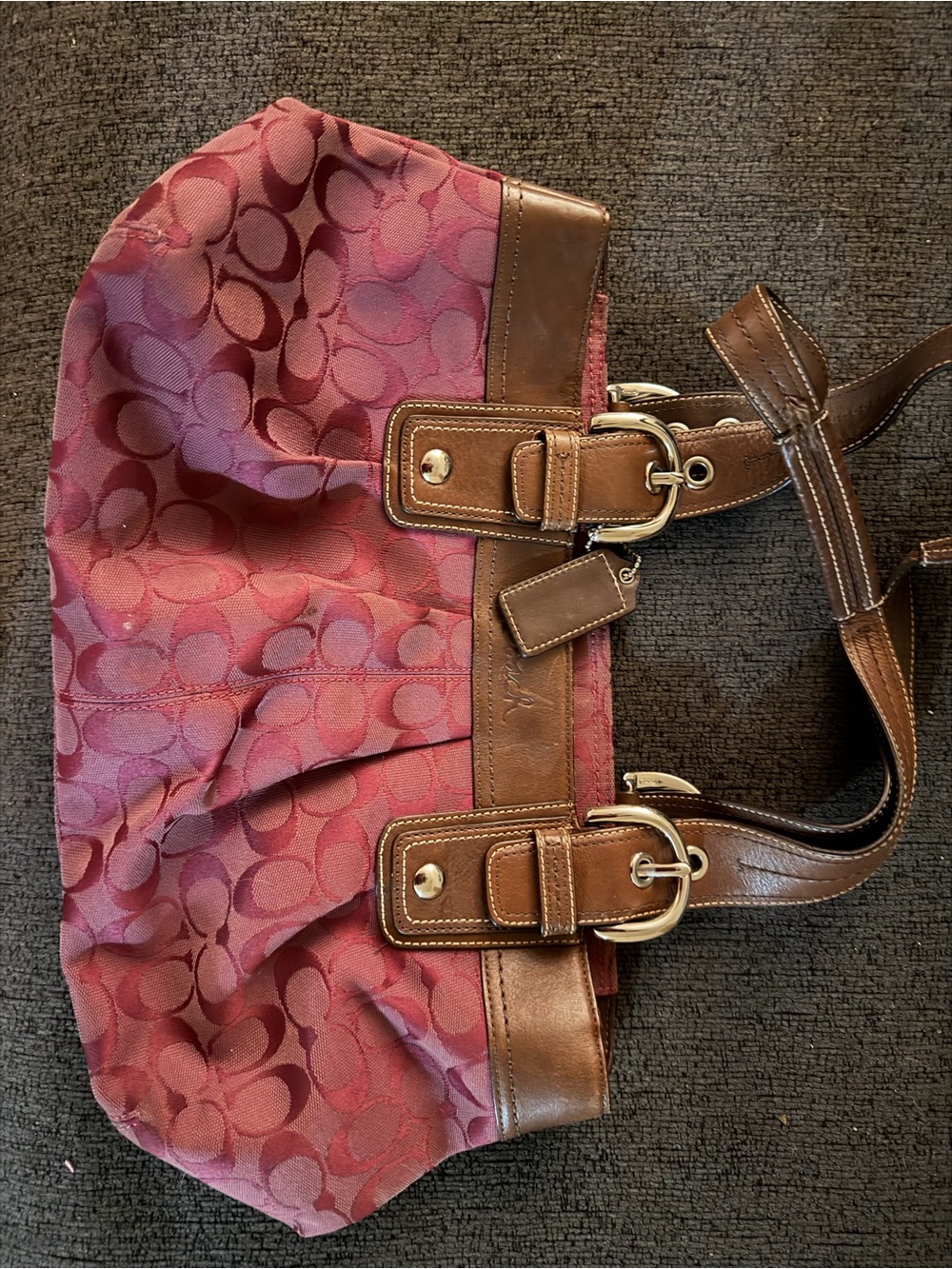 Coach plum Signature Canvas Shoulder Bag with Brown Leather Accents